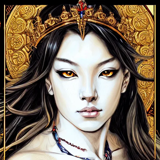 Prompt: highly detailed portrait of a majestic lioness queen in the form of a beautiful woman. d & d. art by eugene delacroix and takeshi obata. trending on artstation, intricate details, energetic composition, golden ratio, concept art, illustration, elegant art, global illuminaition