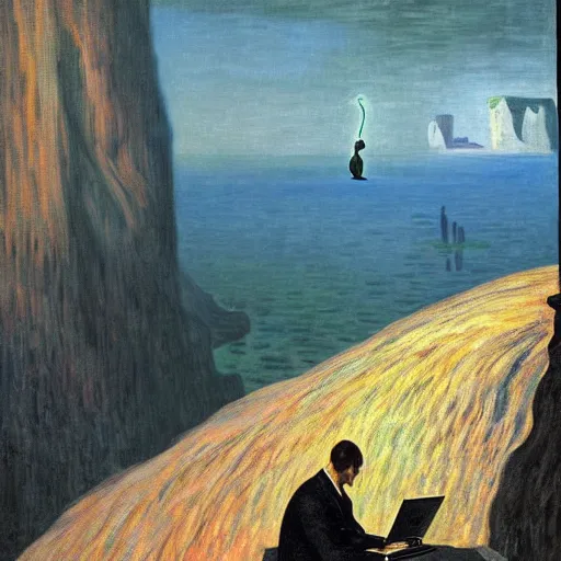 Image similar to A man climbs a cliff while coding A.I. on a laptop - award-winning digital artwork by Dali and Monet. Stunning lighting