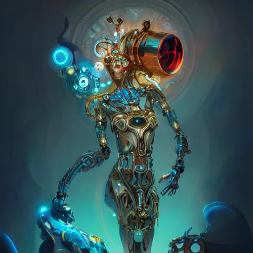 Image similar to portrait, biomechanical wizard, cyberpunk, bionics, augments, lights, cables, elegant gleaming intricate baroque jewellery, colorful, vivid, imposing, epic, digital painting, artstation, concept art, by peter mohrbacher and wlop and rhads,