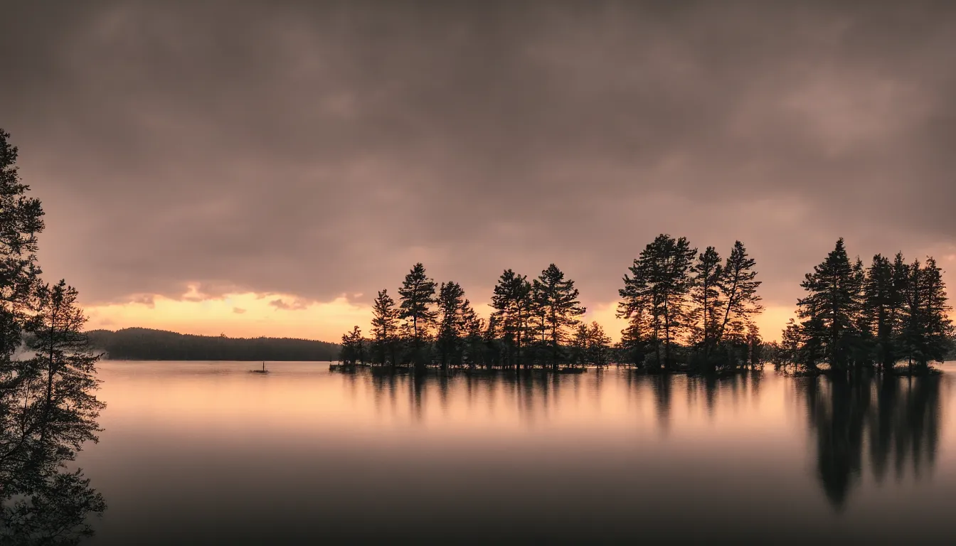 Image similar to calm lake, golden hour evening, horror movie, raining, atmospheric, scary, claustrophobic, ambient vibe, very detailed, high resolution, 8 k