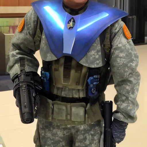 Image similar to a futuristic soldier captain with an armored visor and a blue shoulderpad