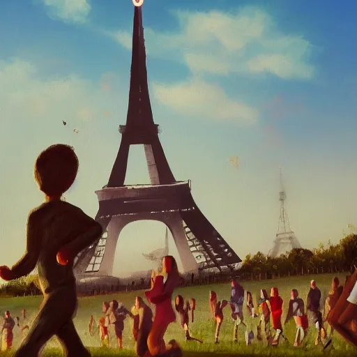 Image similar to a dream of several people running in a field and the eiffel tower in the background in a place that at the same time is illuminated by the sun causes a feeling of strangeness, oil painting, ultradetailed, artstation