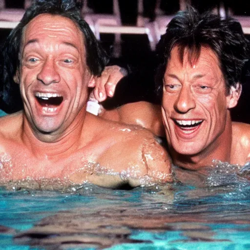 Image similar to barney eating jim varney in a swim pool award winning photo