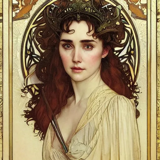 Prompt: realistic detailed face portrait of Jennifer Connelly as a beautiful young medieval queen by Alphonse Mucha, Ayami Kojima, Amano, Charlie Bowater, Karol Bak, Greg Hildebrandt, Jean Delville, and Mark Brooks, Art Nouveau, Neo-Gothic, Surreality, gothic, rich deep moody colors