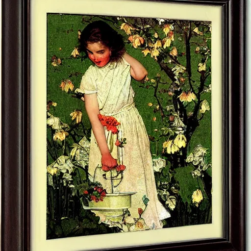 Prompt: Persephone in Spring, by Norman Rockwell, warm glow, busy composition