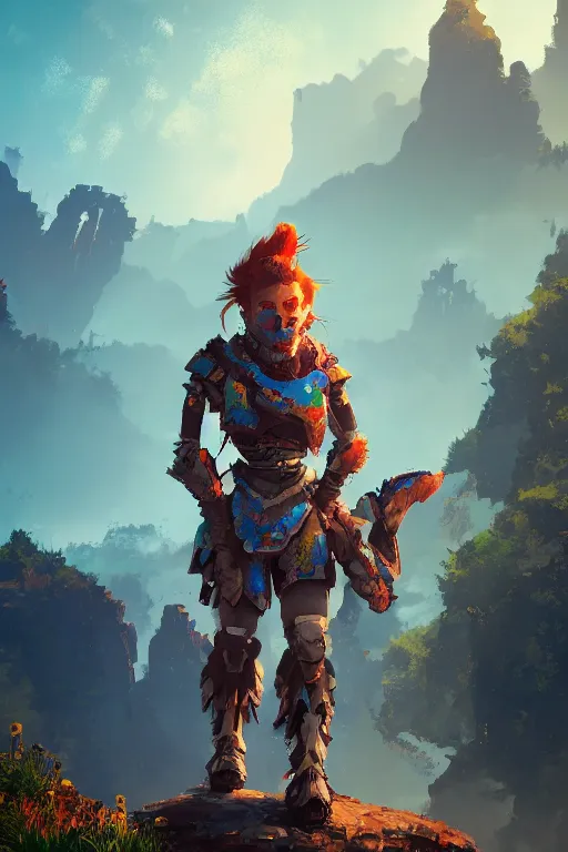 Image similar to combination suit armor aloy horizon forbidden west horizon zero dawn radiating a glowing aura global illumination ray tracing hdr fanart arstation by ian pesty and alena aenami artworks in 4 k tribal robot ninja mask helmet backpack