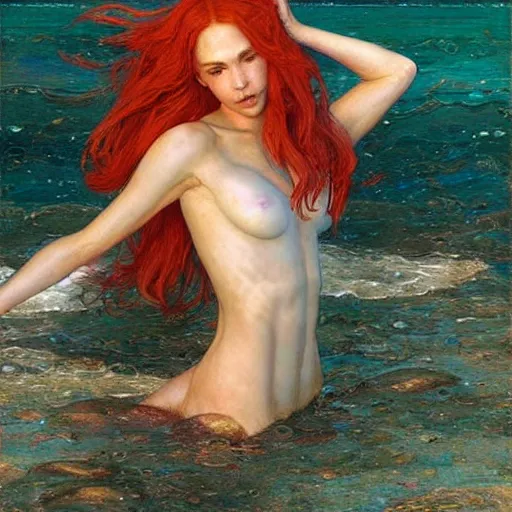 Image similar to beautiful mermaid emerging from the ocean, art by Edgar Maxence and Ross Tran and Michael Whelan