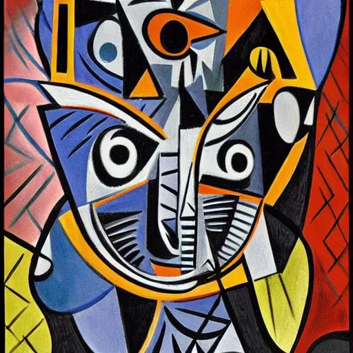 Prompt: Abstract expressionist matte painting detailed intricate patterns of African tribal masks in the style of Picasso