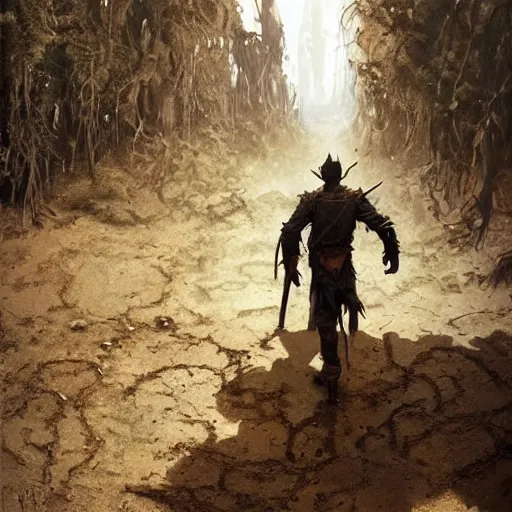 Image similar to a goblin stands in the middle of the dirt trail, his leather clothing hangs loosely, official art by greg rutkowski, featured