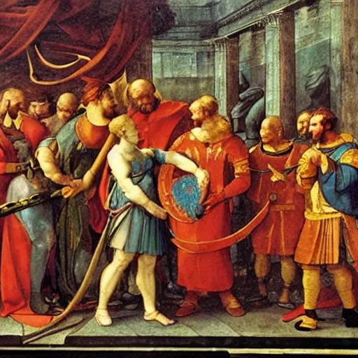 Image similar to alexander cutting the gordian knot, painting by raphael