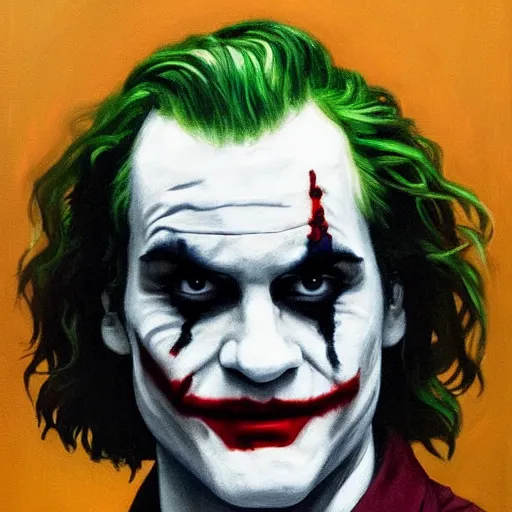 Image similar to Painting of Joaquin Phoenix as the Joker. Art by william adolphe bouguereau. During golden hour. Extremely detailed. Beautiful. 4K. Award winning.