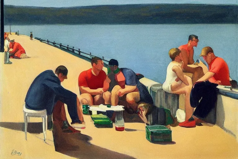 Image similar to mid - thirties guys binge drinking in front of a lake, in the style of edward hopper