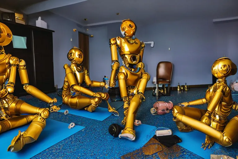 Prompt: 3 shiny golden and blue metallic steampunk humanoid robots making russian yoga in a messy luxury futuristic hotel room with empty bottles all over the floor, pressphoto, dawn light, insanely detailed, 3 5 mm lens, wide shot