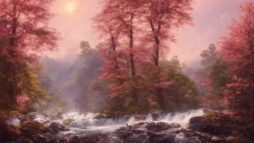 Image similar to the most beautiful panoramic landscape, oil painting, where a giant dreamy waterfall creates a river, the trees around are starting to bloom in pink colors, a majestic deer is in close - up and it is exhaling steam, the ray lights of the sunrise are brightening him, by greg rutkowski