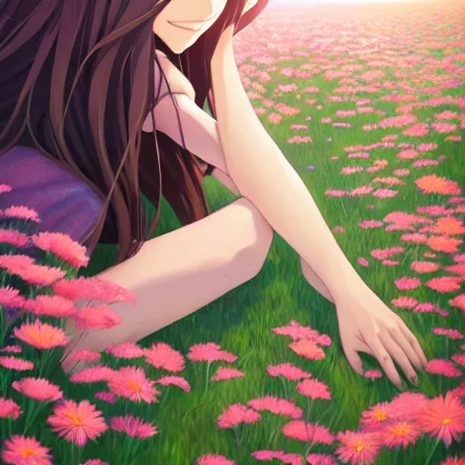 Prompt: a beautiful girl with long dark hair, sitting in a field of flowers, reading a book, sunny, daytime, sharp focus, intricate, digital painting, artstation, official media, anime key visual, highly detailed, rich vivid colors, ambient lighting, illustration, art by Artgerm, Makoto Shinkai, Ilya Kuvshinov, Lois Van Baarle, and Rossdraws