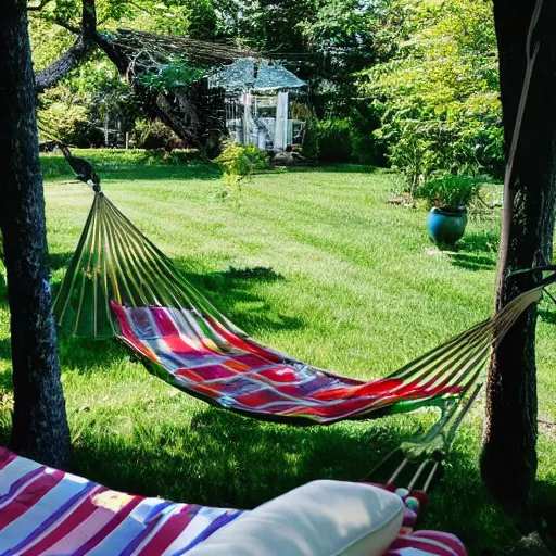 Prompt: backyard, hammock, relaxing atmosphere, bubbles, sunny, cottage