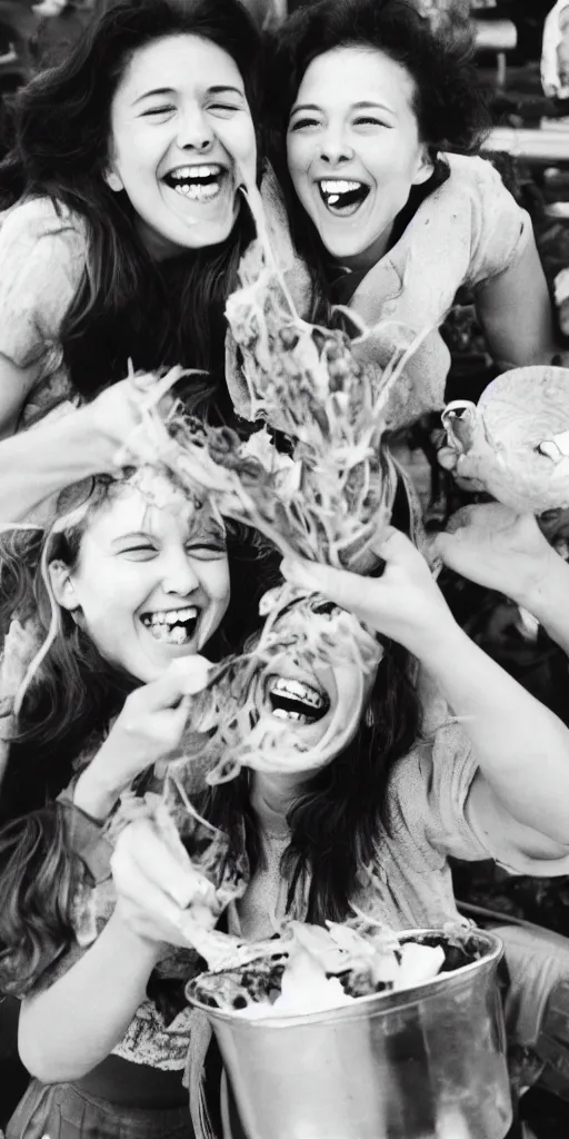 Prompt: 35mm photograph of women laughing with salad