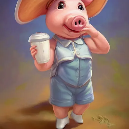 Image similar to cute little anthropomorphic funny female pig wearing shorts, a sunhat, boots and a pale blue shirt!! tiny!! fully clothed!!! small, short, cute and adorable, character art portrait, matte fantasy painting, deviantart artstation, by jason felix by steve argyle by tyler jacobson by peter mohrbacher, cinema