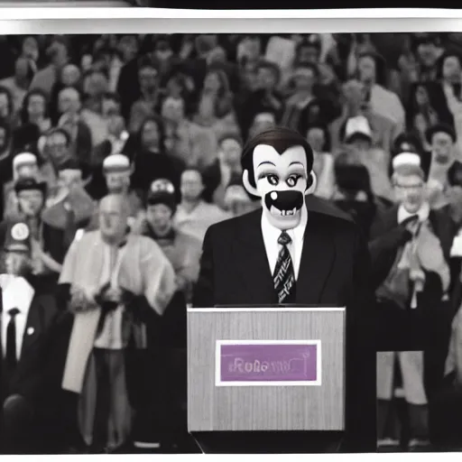 Prompt: president waluigi, real, 1 9 9 3, still, photograph, photo, speech