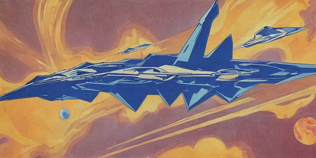 Prompt: Art Nouveau painting of a starship flying in space