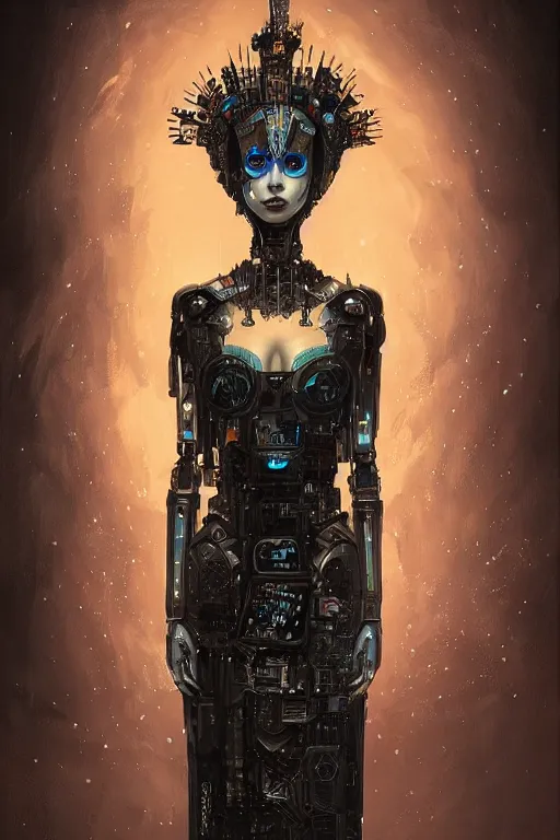 Image similar to beautiful painting of a crowned robotic cyberpunk princess in a gothic dark flowing gown laying intricate elegant highly detailed digital art, artstation