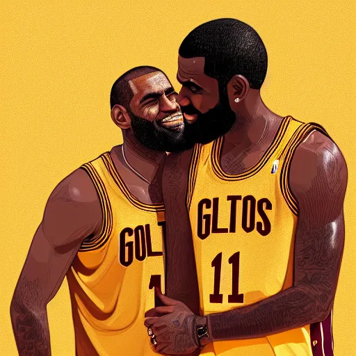 Image similar to beautiful serene intricate portrait of kyrie irving and lebron james taking a selfie, smiling softly, relaxing on the beach, golden hour, soft focus, 8 k, art by irakli nadar, hyperrealism, hyperdetailed, ultra realistic