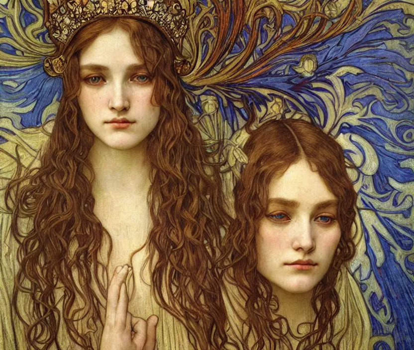 Image similar to detailed realistic beautiful young medieval queen face portrait by jean delville, alphonse mucha, vincent van gogh, and marco mazzoni, art nouveau, symbolist, visionary, gothic, pre - raphaelite