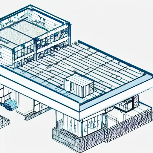 Image similar to isometric art blueprints of an ikea store with labels detailed technical drawing