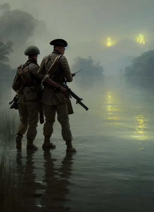 Prompt: Two soldiers trying to walk inside a lake, Battlefield 1, extremely detailed digital painting, in the style of Fenghua Zhong and Ruan Jia and jeremy lipking and Peter Mohrbacher, mystical colors, rim light, beautiful Lighting, 8k, stunning scene, raytracing, octane, trending on artstation