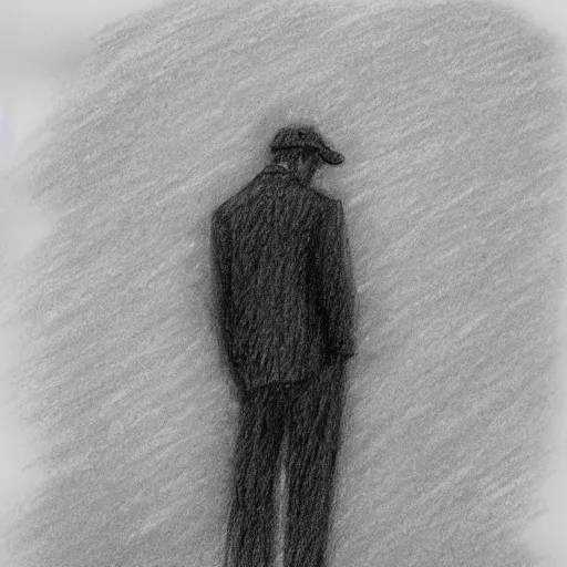 Image similar to a drawn man standing in the rain. pencil sketch.