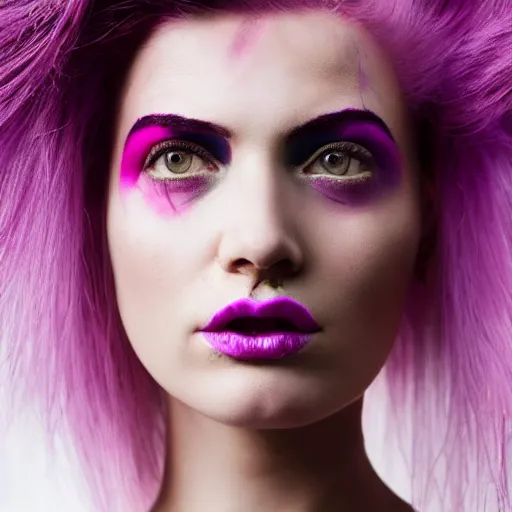 Image similar to a woman with pink hair and purple eyebrows, editorial fashion photography