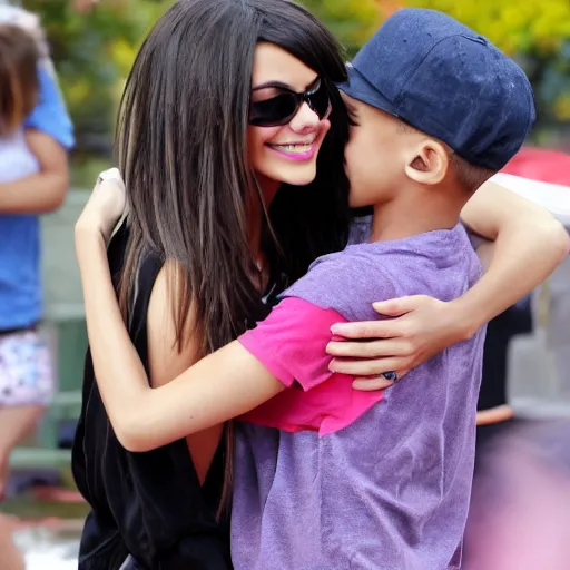 Prompt: victoria justice hugs a boy