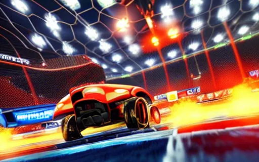 Image similar to rocket league goal, car soccer, ball exploding, dramatic lighting, moody lighting, muted color, 4 k, hq, octane render, dynamic angle, marketing, promotional.