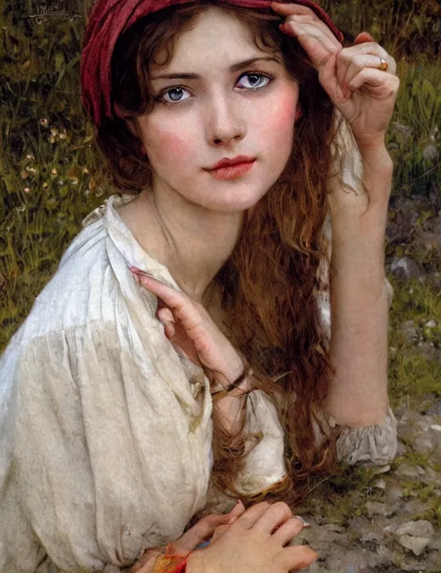 Image similar to tempting peasant girl with deep seductive décolleté looking in the camera, on a village, high angle view, portrait, Cinematic focus, Polaroid photo, vintage, neutral colors, soft lights, foggy, by Steve Hanks, by Serov Valentin, by lisa yuskavage, by Andrei Tarkovsky 8k render, detailed, oil on canvas
