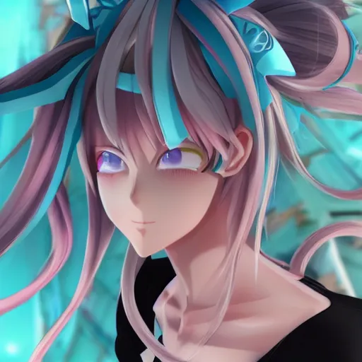 Image similar to stunningly beautilful omnipotent megalomaniacal anime goddess who looks like junko enoshima with symmetrical perfect face and porcelain skin, pink twintail hair and cyan eyes, taking control while smiling, mid view from below her feet taken in an extremely low angle, hyperdetailed, digital art, unreal engine 5, 2 d anime style, 8 k