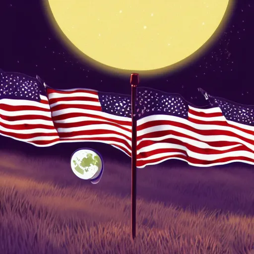 Image similar to fantasy illustration of american moon landing with american flag in 8 k