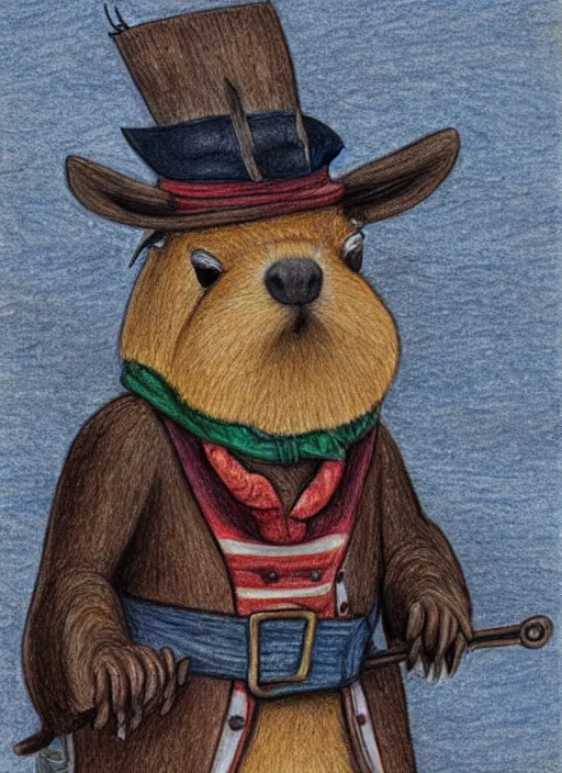 Image similar to detailed colored pencil drawing of a anthropomorphic capybara as a pirate