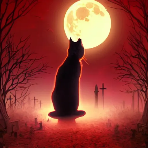 Prompt: an ultradetailed animation of a black cat in graveyard at midnight halloween tattoo, digital art, dark fantasy, concept art, soulslike, by alphonse mucha, blood moon eclipse, ruined building in the background, artstation, 8 k, unreal engine render