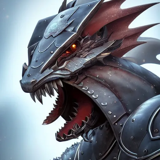 Image similar to stunning close shot of a beautiful female knight, but as an anthropomorphic female dragon, well designed cute elegant female robot dragon head with slick LED eyes, long oily tongue, and sharp maw, well armored, sharp claws, HD octane render, fantasy, furry art, Artstation, Deviantart, Furaffinity