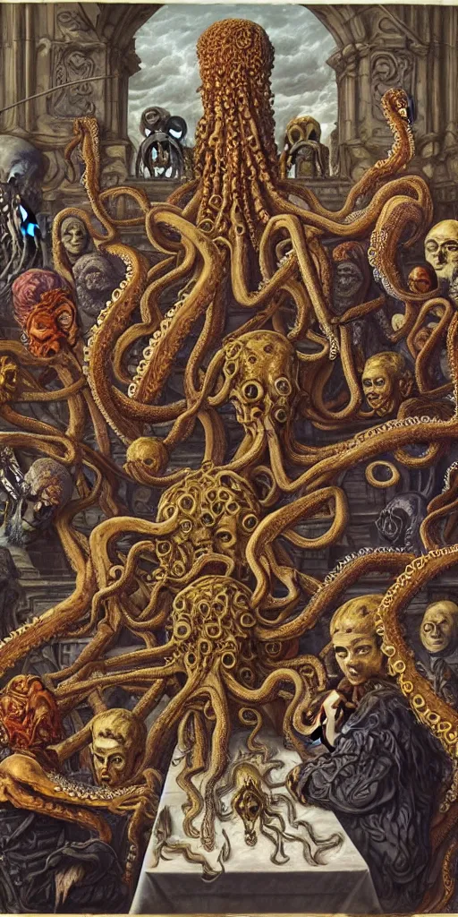 Image similar to group of mages with human bodies and octopus heads and group of mages with medusa heads sitting near the table and arguing in an ancient mage castle with enormous scale, gothic and baroque, brutalist architecture, ultradetailed, Intricate by James Jean and Josan Gonzalez and John Howe and Giuseppe Arcimboldo
