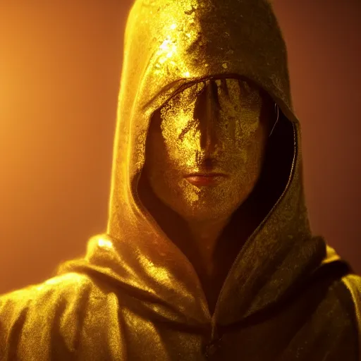 Image similar to a portrait of a man wearing a long dark cloak, hood and shadows covering face, holding golden chains, oil painting, Volumetric Golden dappled dynamic lighting, Highly Detailed, Cinematic Lighting, Unreal Engine, 8k, HD