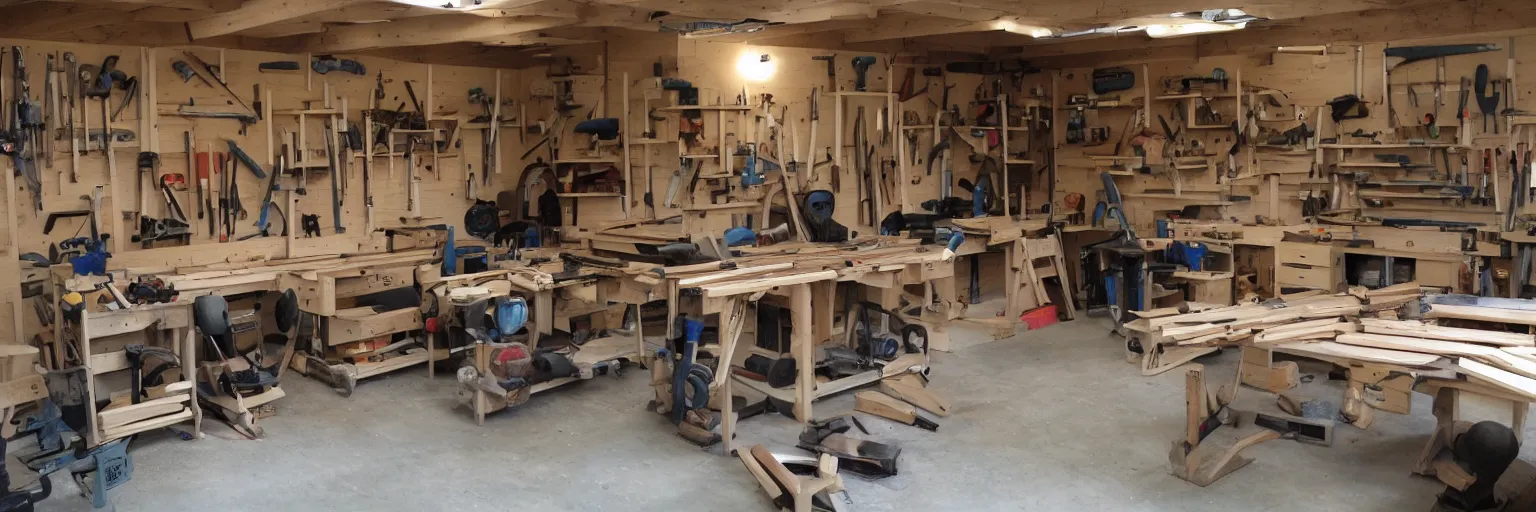 Image similar to A wood workers workshop with a lot of tools wide