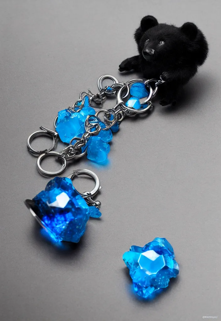 Image similar to a small blue crystal bear keychain by greg rutkowski, sung choi, mitchell mohrhauser, maciej kuciara, johnson ting, maxim verehin, peter konig, 8 k photorealistic, cinematic lighting, hd, high details, dramatic, atmosphereric, trending on artstation