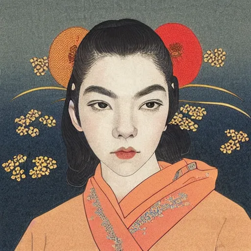 Prompt: “ anya taylor - joy portrait by ikenaga yasunari and ayana otake and ko rakusui, 6 0 s poster, drawing, realistic, sharp focus, japanese, dreamy, nostalgia, faded, golden hues, floral clothes, porcelain skin ”