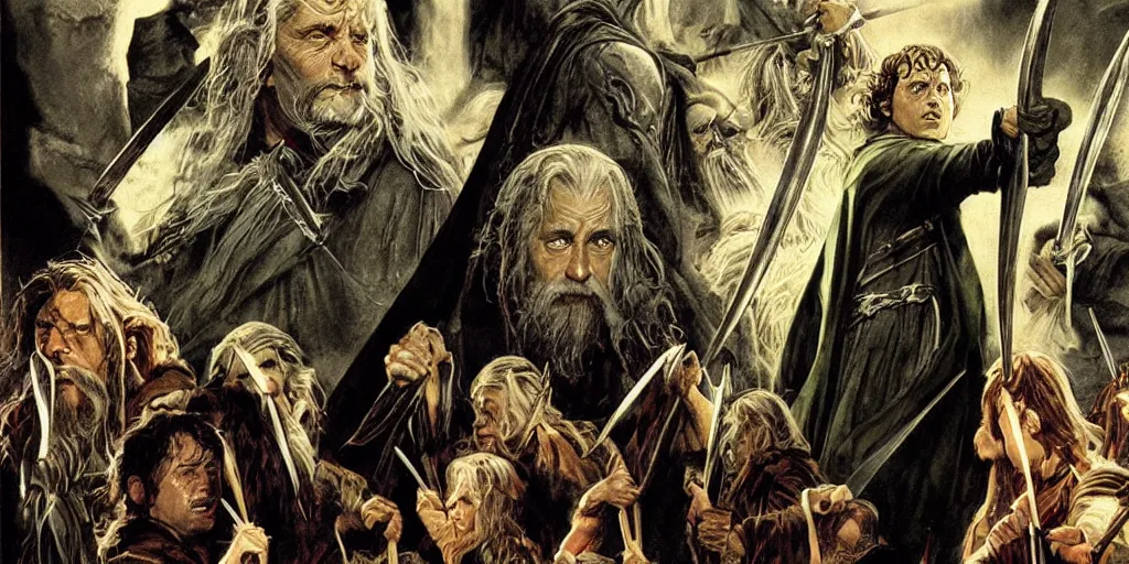 Prompt: lord of the rings concept art by Alex Ross and Norman Rockwell