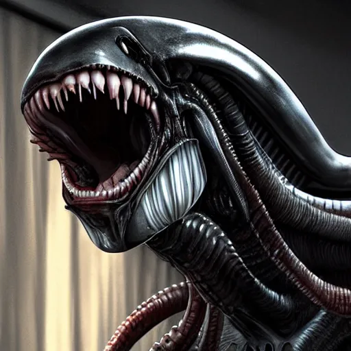 Image similar to xenomorph smiling, facing the camera in a dark hallway, CGSociety, photorealistic, highly detailed, sharp, not blurry, ultra-photorealistic, postprocessing