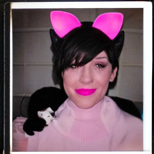 Prompt: polaroid of a cat woman with cat ears, pink hair, tuxedo