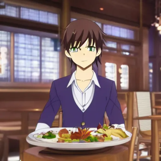 Image similar to Aymeric de Borel in a restaurant slice of life anime. Key frame. still from 3d tv anime, Kyoto animation studio, Flash photography