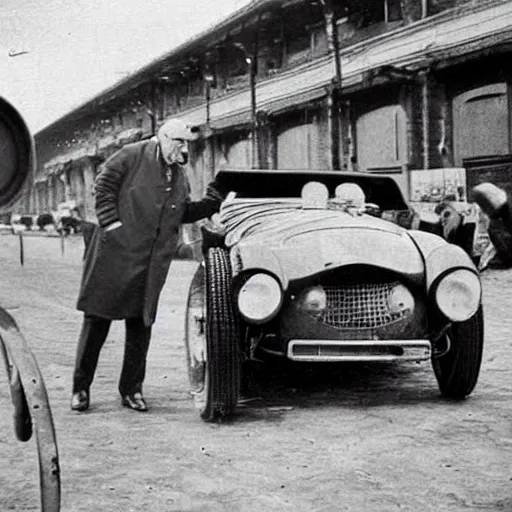 Prompt: an old photograph of Enzo Ferrari and a slavic man painting the first ferrari yellow
