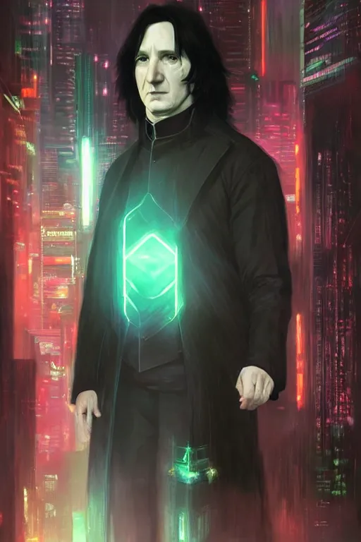 Prompt: portrait of severus snape with holograms in cyberpunk, neon lighting, night city, digital art from artstation by Ruan Jia and Mandy Jurgens and Artgerm and william-adolphe bouguereau and Greg Rutkowski